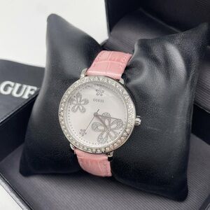 GUESS Silver-Tone Watch with Pink Leather Strap and Crystal Floral Dial